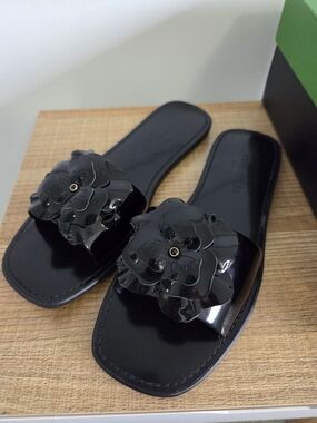 kate spade Black Patent Floral Slide Sandals